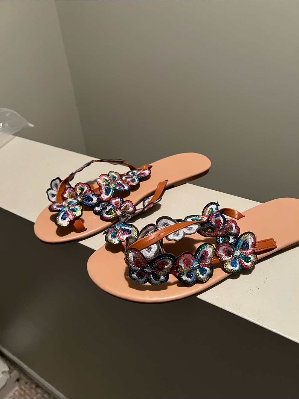 Tan & Multi-Color Sequin Butterfly Flat Sandals - Size 11